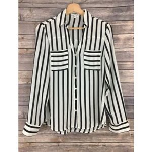 Express White Black Stripes Portofino Button Top